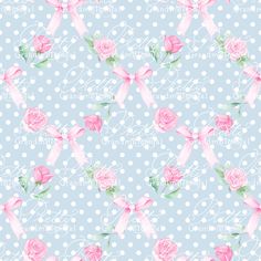 a green background with pink roses and polka dots