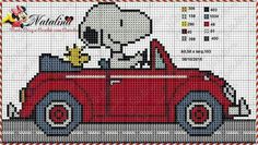 a cross stitch pattern with a red car and snoopy in the driver's seat