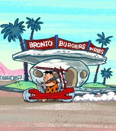 a man driving a red car down a street next to a sign that says bronto burgers