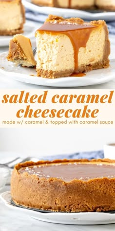 caramel cheesecake on a plate with the rest of the cake in the background