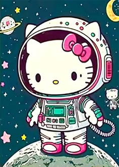 hello kitty in an astronaut's suit on top of the earth with stars and planets