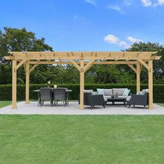 an outdoor living area with patio furniture and wooden pergolan structure in the background