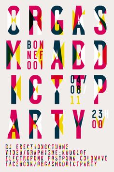 the poster for an art exhibition with letters and numbers in different colors, shapes and sizes