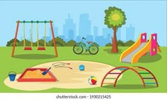 children's play area with swings, slides and toys in the park on a sunny day