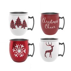 three christmas mugs with designs on them