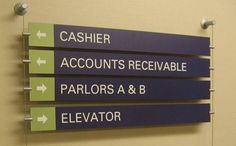 three signs are hanging on the wall in front of a sign that says cashier, accounts receivable, patrons a & b elevator