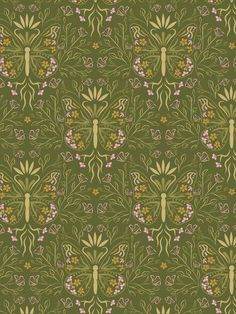 a green wallpaper with flowers and butterflies on it