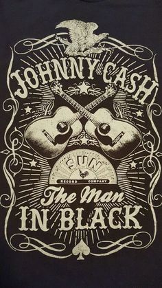 johnny cash the man in black t - shirt with an image of two guitars on it