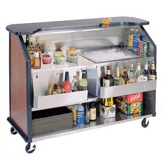 an image of a bar cart with drinks and beverages on the top shelf for sale