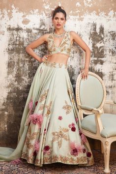 Varun Bahl | Light Pink Corsage Lehenga Gilet Set | INDIASPOPUP.COM Flower Lengha, Gold Corsage, Wedding Lenghas, Tea Green, Embroidered Lehenga