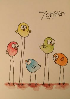 a drawing of five birds standing next to each other with the word zom on it