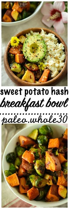 sweet potato hash browns with green beans, potatoes and avocado in a bowl