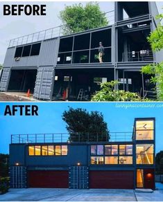 before and after pictures of a modern house with large windows that look like they have been built