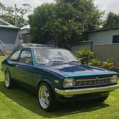 a blue car parked on top of a lush green field next to a house and trees