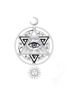 an all seeing eye in the middle of a circle with sun and moon on it