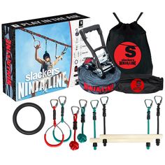 an assortment of climbing equipment and accessories