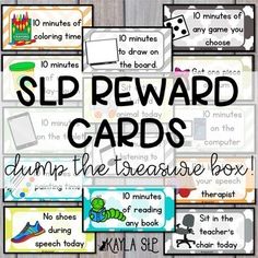 a pile of reward cards with the words slip reward cards and pictures on them in different colors