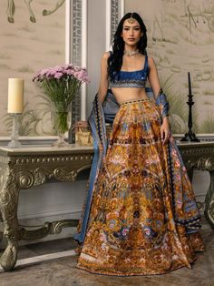 Multicoloured Lehenga, Embroidered Crystals, Modern Lehenga, Falguni Shane Peacock, Blue Pansy, Printed Lehenga, Fashion Show Dresses, Indian Bridal Sarees