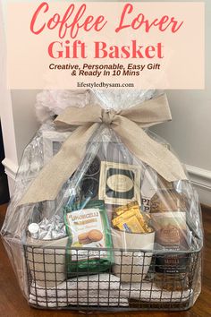 the coffee lover gift basket is on display