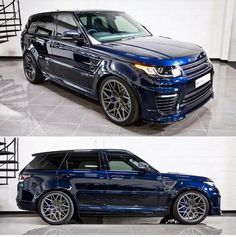 two pictures of a blue range rover parked in a garage