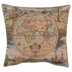 a pillow with an old world map on it