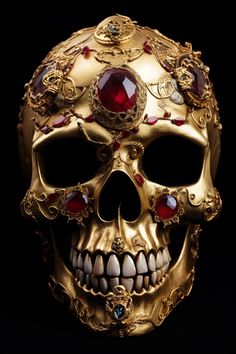 a gold skull with red jewels on it's face