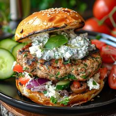 a burger with lettuce, tomato, onion and feta cheese on it