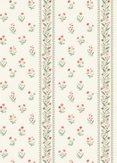 a white wallpaper with red flowers and green leaves on the side, along with vertical stripes