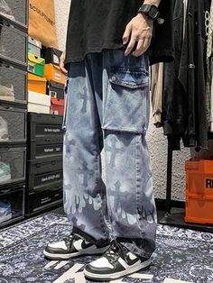 Grunge Denim Blue Cargo Jeans, Punk Denim Pants For Concerts, Punk Style Denim Pants For Concert, Grunge Style Dark Wash Straight Leg Cargo Jeans, Casual Denim Pants For Concert, Trendy Denim Pants For Concert, Casual Pants For Concert In Spring, Casual Wide Leg Bottoms For Concert, Straight Leg Bottoms For Spring Concert