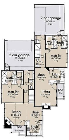 two story house plan with garage and living room on the first floor, three car garage