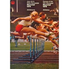 an advertisement for the olympic games featuring women jumping over hurdles