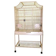 a white bird cage sitting on top of a metal stand