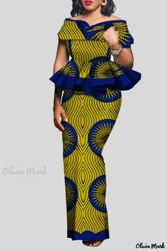 Olivia Mark - Classic and Sophisticated Vintage Patchwork Two-Piece Set Featuring a Green and Yellow Flounce V-Neck Design with Short Sleeves Long African Dresses, Best African Dresses, Short African Dresses, African Fashion Skirts, Afrikaanse Mode, African Wear Dresses, African Print Dress Designs, African Fashion Modern, African Fashion Women Clothing