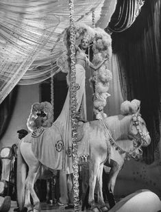 a woman standing on top of a horse next to two other horses in front of a curtain