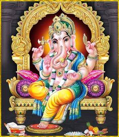 an image of lord ganesha sitting on a throne with his hands in the air