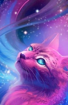 a painting of a cat with blue eyes looking up at the stars in the sky