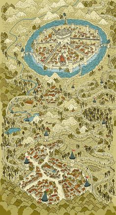 an old map with people and animals in the center, surrounded by trees on both sides