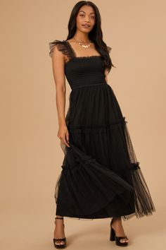 Kenna Tulle Maxi Dress in Black | Altar'd State February Dresses, Black Tiered Dress, Tulle Maxi Dress, Women Maxi, Style Maxi Dress, Midi Maxi Dress, Altar'd State, Elegant Designs, Tiered Dress