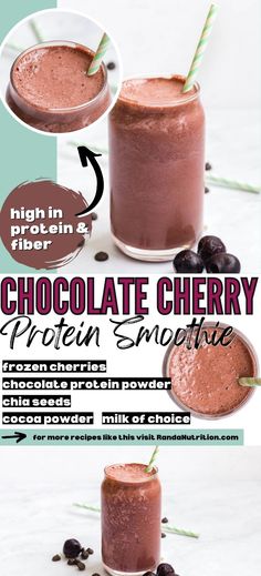 chocolate cherry protein smoothie in a glass with straws