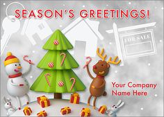 a christmas card with reindeer, snowman and tree in the background that says season's greetings your company name here