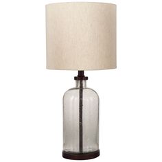 a glass table lamp with a white shade on it's base and a black metal frame