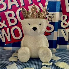 Bath & Body Works Bbw White Barn Queen Royal Bear Polar Bear Crown Ms Lashes Iridescent Glitter White 3 Wick Candle Holder The Lighting Makes The Bear Look Kind Of Gold But The Actual Bears Body Is White With Glitter And The Crown Is Gold No Longer Available At Bbw Online / In Stores Only A Few Were Released Winter 2020 I Did Not Purchase This From The Store With A Coupon, I Purchased This Off A Collector And Paid Up Sale Fees A True Bbw Collectors Piece I Package With Care And Extra Bubble Mari 3 Wick Candle Holder, White With Glitter, Queen Royal, Bath Body Works Candles, 3 Wick Candle, Queen Princess, Home Body, 3 Wick Candles, White Barn