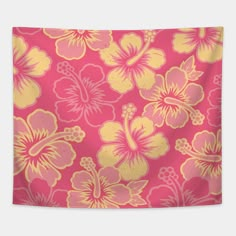 a pink and yellow hawaiian flower wall tapestry