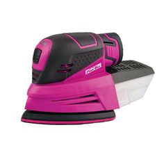 a pink and black electric sander sitting on top of a white surface with its lid open