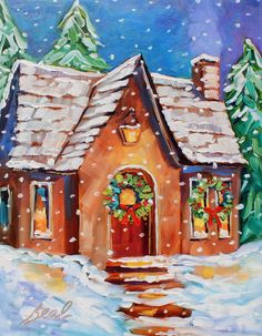 a painting of a house in the snow with christmas decorations on its windows and steps leading up to it