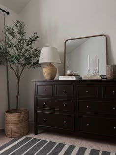 a dresser with a mirror, lamp and potted plant on it in a room