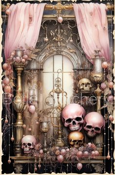 there are many skulls in front of a window with pink drapes on the windowsill