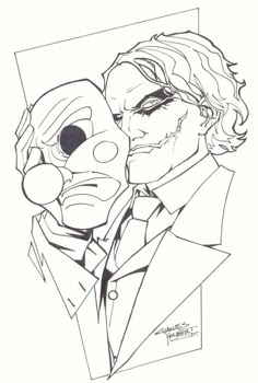 a drawing of two people in suits and one has a clown mask on his face