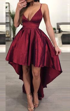 Burgundy Homecoming Dress, Prom Dress Burgundy, High Low Prom Dress, High Low Prom Dresses, Satin Homecoming Dress, Dress With Pleats, Prom Dresses Sleeveless, Fashionable Clothes, Short Prom Dress