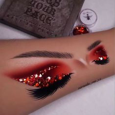 Red Diamond Eye Makeup, Red Silver Makeup Looks, Red Makeup With Rhinestones, Red Cut Crease Eyeshadow, Red Alt Makeup, Red Fairy Makeup, Red And Silver Makeup, Red And Gold Makeup Looks, Red Rhinestone Makeup